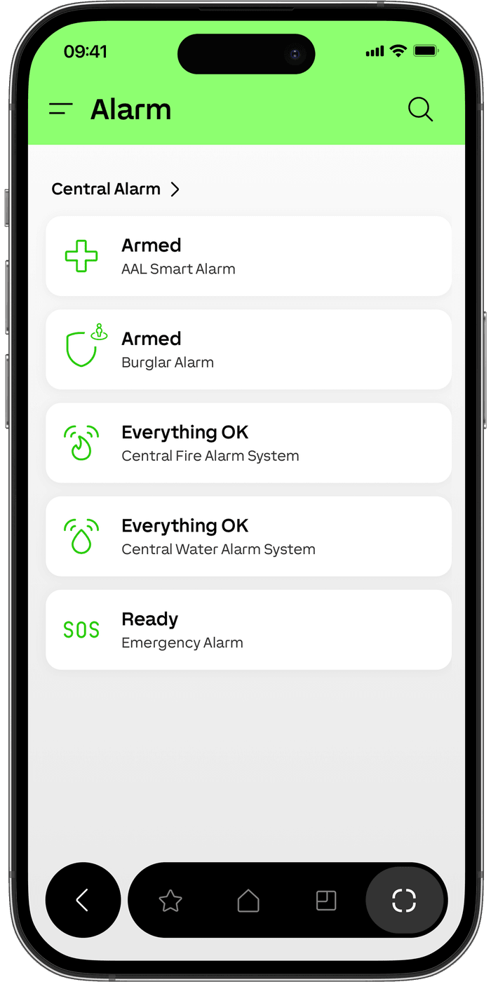 Loxone-App, Übersichtsseite Alarm: Einbruch- und Brandmelder scharf, Status Everything OK