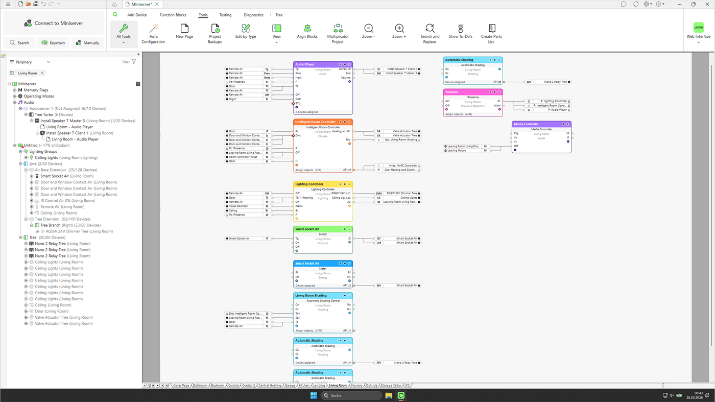 Loxone Config, die visuelle Programmieroberfläche, an einem Beispielprojekt